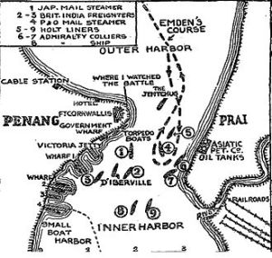 The Penang Raid. Source: http://en.wikipedia.org/wiki/SMS_Emden_(1908)#mediaviewer/File:When_the_Emden_Raided_Penang,_Map,_fromThe_New_York_Times,_Dec.jpg